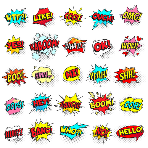 bang, ouch shouts and yeah shouting text bubble with halftone  shadow. pop art comic sign retro style cool hello ok wow boo hi text shout speech bubbles colorful vector isolated symbol set