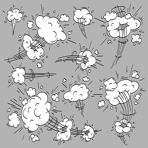 Speed cloud comic. Cartoon fast motion clouds, smoke effects and motions trail. Drawing wind steam, puff explosion and dust fog motion. Cloudy vector isolated elements set