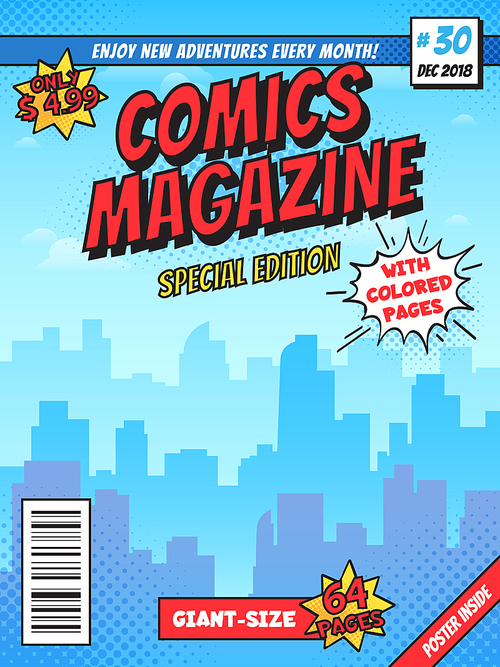 Comic book cover page. City superhero empty comics magazine covers layout, town buildings and vintage comic books. Super hero cartoon pop books page retro template vector template