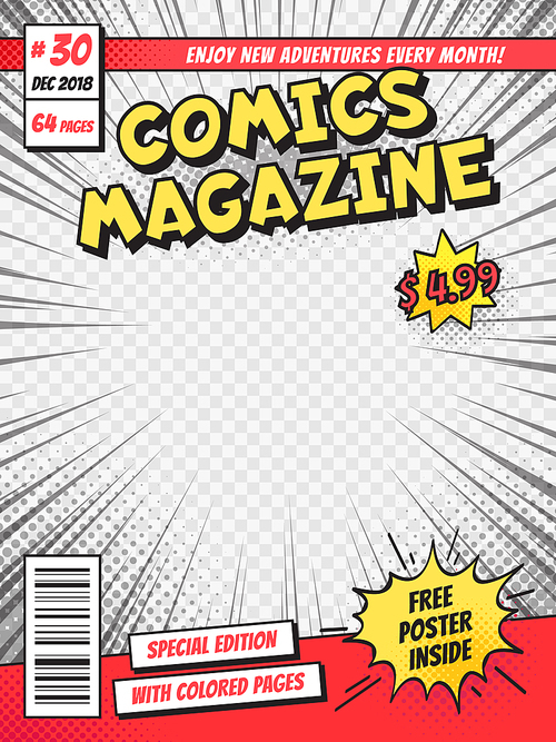 Comic book cover. Comics books title page, funny superhero magazine or comic pop art book cartoon title poster template isolated vector template