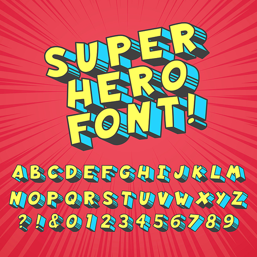 Super hero comics font. Comic graphic typography, funny supers heros alphabet and creative fonts letters. Comics text, retro 3d effect abc and numbers symbol vector set