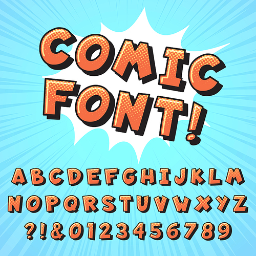 Retro comic book font. Super hero comics letters, vintage cartoon heroes fonts and pop art comics alphabet. Superhero text, comic numbers and letter symbols vector illustration set