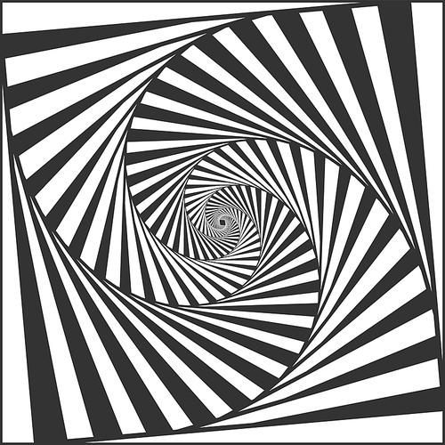 Optical spiral illusion. Black and white alternating strips creating hypnotic effect, vertigo geometric whirl and rotating stripes. Abstract curves with deceptive motion vector illustration