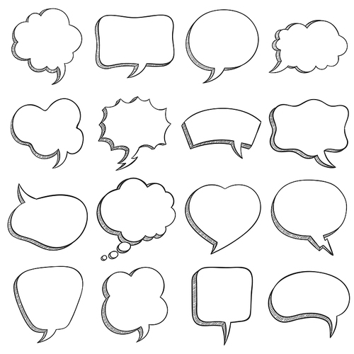 Sketch speech bubble. Empty comic speech bubbles different shapes for message, dialog balloons and cloud, outline doodle style vector set. Square, rectangle, heart and cloud shape bubbles