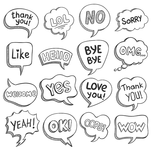 Speech bubbles with dialog words. Sketch bubble different shapes with message, short phrases thank you, bye, ok, omg, wow, lol vector set. Comic balloons for thought, idea, comment