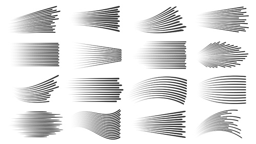 speed lines effect. fast motion manga or comic linear s. horizontal and wavy car movement stripes or anime action dynamic vector set. different waves for book explosion, movement