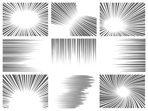 Comic line effect. Radial and horizontal speed motion texture for manga and anime. Explosion, flash and fast action lines vector graphic set. Background with stripes for superhero comics