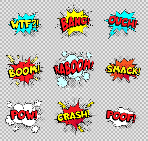 Comic speech bubbles. Cartoon explosions text balloons. Wtf bang ouch boom smack pow crash poof popping color burst comics expression retro vector shapes isolated sign collection