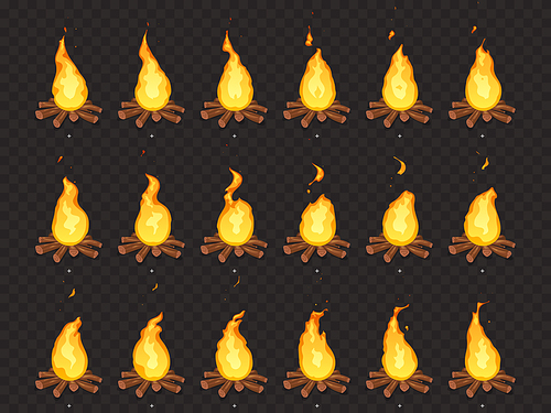 Burning bonfire animation. Hot fire, outdoor campfire and bonfires animated burn flame light dance motion storyboard for game. Cartoon vector isolated sprites frames