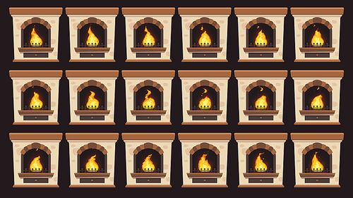 Animated fire in fireplace. Flames animation in retro home wood burning fireplaces isolated vector cartoon frames set. retro Christmas hearth stove, chimney and firewood