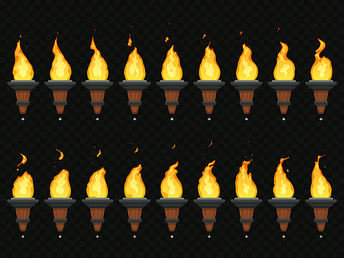 Torch fire animation. Burning cresset, flames on torches and flambeau animated loop sequence for mobile game development or video burn flame loop isolated vector icons set