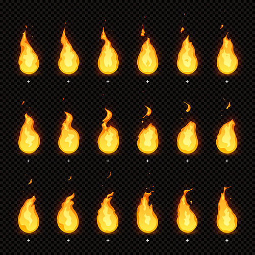 Fire animation. Flaming flame, fiery blaze and animated blazing fire flames storyboard for game development. Ignition force motion cartoon isolated vector animations frames