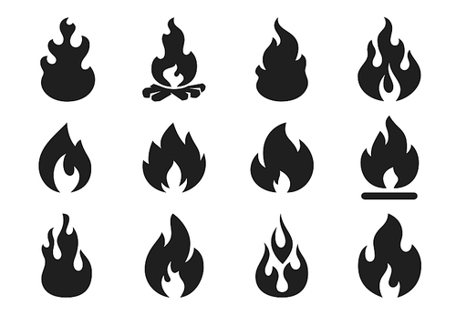 Fire flames silhouette. Flaming campfire, hot inferno flame shape. Simple flames fireball, ignite burning bonfire silhouette or flaming logo. Vector illustration isolated icons set