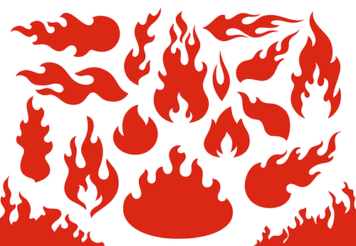 Blazing fire flames. Flaming red wildfire fiery or racing flame. Blazing hell inferno fire. Comic evil flaming, burn bonfire or fireball flames logo. Isolated icons illustration set
