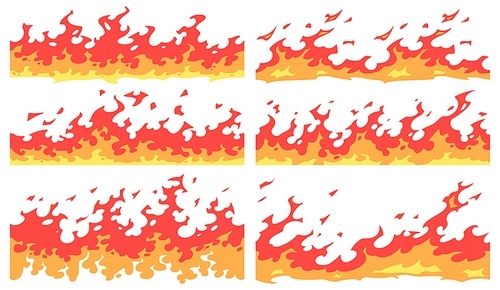 Cartoon fire border. Flame divider, bright fire flames borders and seamless blaze. Devil hell flaming burn fiery red frame dividers. Isolated icons vector set