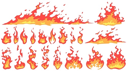 Cartoon fire flames. Fireball flame, red hot fire and campfire fiery silhouettes vector set. Burning effect, dangerous natural phenomenon. Blazing wildfire, bonfires isolated on white