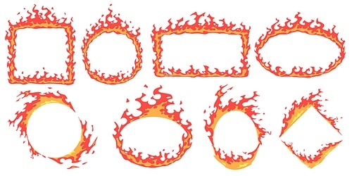 Cartoon fire frames. Hot banner, red flame frame and fire flames badge template vector set. Empty burning borders with copyspace. Blazing different geometric shapes isolated on white