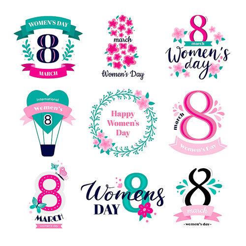 Eight march badges. International Womens Day congratulations, 8 logo and happy woman badge greeting card. Spring female day quote label. Vector illustration isolated symbols set