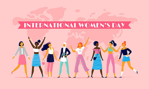 International womens day. Celebrating eight march, sisterhood community and multinational female people. Feminist woman character, 8 march girl day postcard vector flat illustration