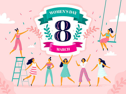 Celebrating womens day. Eight march celebration, happy laughing woman and international female holiday. Girl power day postcard, ladies 8 march feminism party vector flat illustration