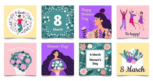 International Womens Day card. Happy women day, 8 March holiday greeting cards vector set. Collection of square modern festive postcard templates for 8 March celebration with cute girls and flowers.