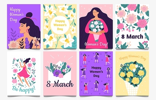 March 8 cards. Lady with flowers, International Womens Day and Be happy greetings card vector set. Bundle of decorative poster or postcard templates with blooming spring flowers, cute girls, wishes.