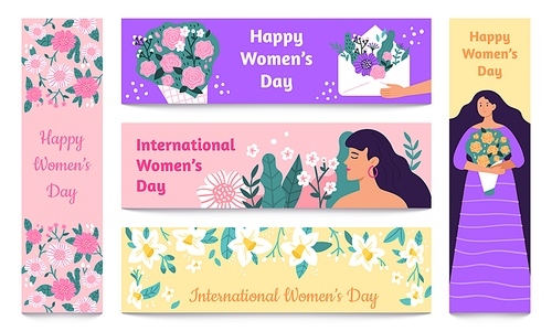 March 8 banners. International Womens Day, Happy woman with flowers banner vector set. Collection of decorative templates with handwritten wishes, girls with bouquets for event advertisement, promo.