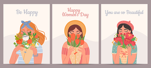 Woman with flower bouquet. Happy international womens day, valentines and mothers days. Beauty girls and spring bouquets vector card set. Illustration young woman, holiday mother day card