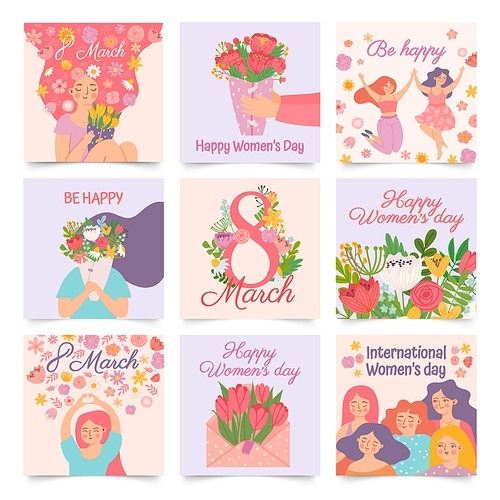 International womens day. Posters with happy dancing woman and spring flowers celebrating 8 march. Cartoon female hold bouquet vector set. Envelope with tulips, cheerful girls greeting cards