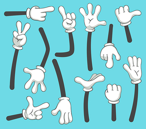 Cartoon arms. Doodle gloved pointing hands, different human point arm, comic parts in gloves or outline armed finger hand gestures in glove. Vintage vector isolated illustration icons set