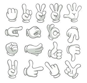 Cartoon gloved arms. Hand in glove character, motion hands. White gloves human arm characters, comic gesture hand palm and finger. Vector isolated icons illustration collection