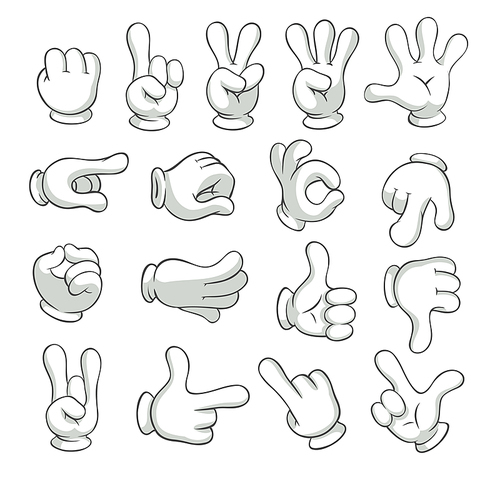 Cartoon gloved arms. Hand in glove character, motion hands. White gloves human arm characters, comic gesture hand palm and finger. Vector isolated icons illustration collection