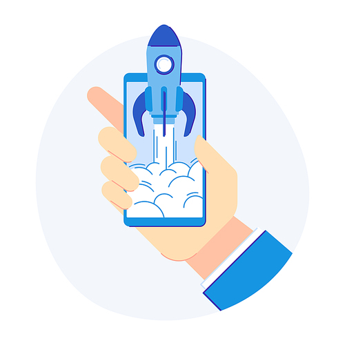 Phone startup concept. Cellphone rocketship for new product development release. Online marketer business startup or phone app development. Flat vector illustration