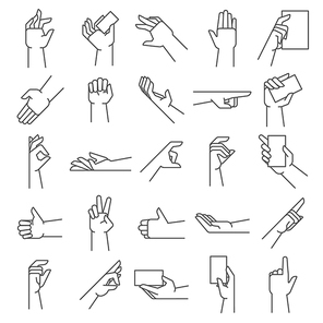 Line hand gestures. Pointing gesture, hold in hands and like icon. Handed holding, handshake or applause gesture, outline approved or swiping hand. Vector illustration isolated symbols set