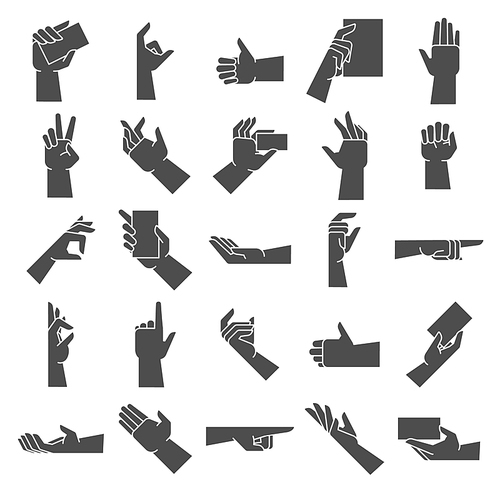 Hand gesture silhouette. Pointing hand gesture, giving handful and hold in hand. Gesturing emotion, palm communication or black hands finger pose. Vector icon isolated illustration set