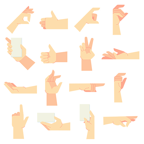 Hands gestures. Pointing hand gesture, women hands and hold in hand. Gesturing or holding, cosmetics handing, manicured palm hand expression. Vector cartoon illustration isolated signs set