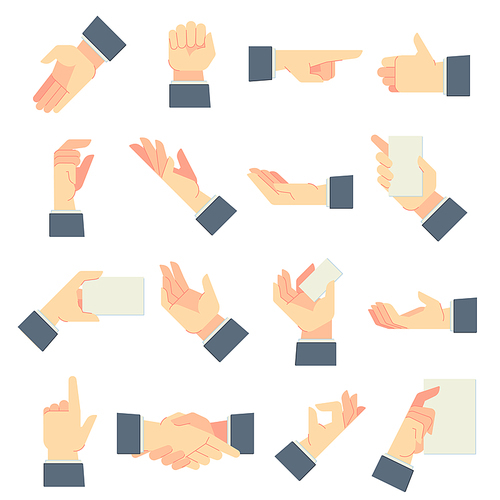 Businessman hands gestures. Direction pointing hand, giving handful gesture and hold in male hands. Man motion hand, businessmans thumbs. Cartoon vector illustration isolated icons set