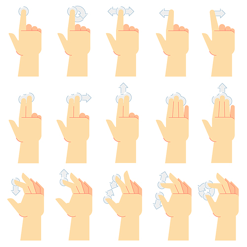 Touch screen gestures. Finger tap, swipe gesture and hand touched smartphone screens. Touch UI pointing gestures, hand swipe screen or interface swiping. Cartoon vector isolated icons set