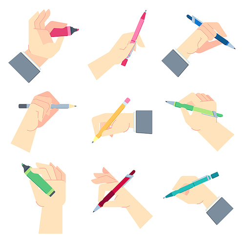 Writing accessories in hands. Pen in businessman hand, write on paper sheet or notepad and hands gestures. Pencil, felt tip pen in arms for planning list. Isolated vector illustration icons set