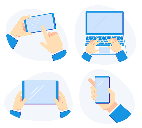 Holding devices in hand. Smartphone in hands, hold laptop computer and mobile tablet. Gadget device touchscreen, phone holding or tablet notebook. Vector illustration isolated icons set
