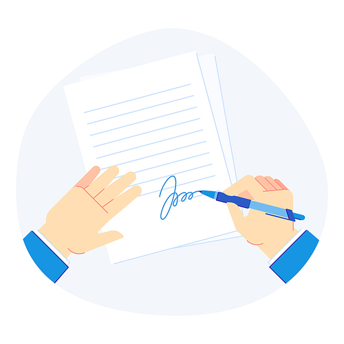 Signing document. Pen in businessman hand, clipboard folder with business documents and signed paper. Legal insurance document, partnership deal paperwork signature vector illustration