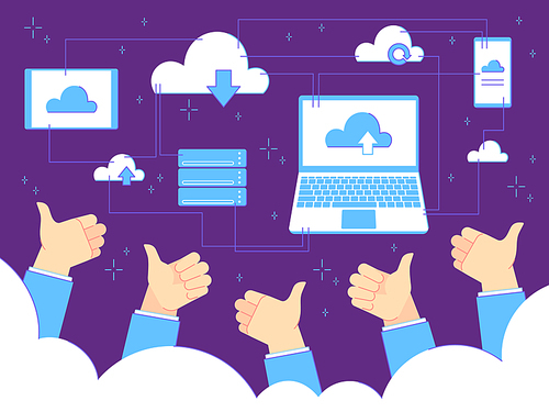 Thumbs up feedback. cloud computing and backups. Businessman with thumbs up gestures. Teamwork vector business background