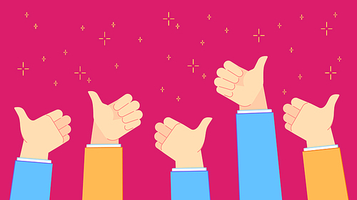 Thumb up feedback. Successful office people with thumbs up hand gestures, teamwork and positive congratulations vector background