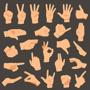 Hands gestures. Vector illustration set of gesture hand, collection pointing and ok, hold and press, language counting or gesturing