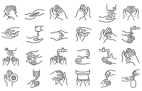 Hand washing and disinfection icons. Hands sanitizer, rub with soap and germs protection. Clean hands icon bathroom vector illustration set. Wash and prevention infection, disinfectant and cleanser