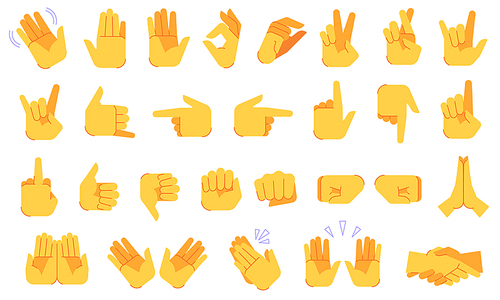 Emoji hand gestures. Different hands signals and signs, ok and victory, peace and handshake, applause, gesture symbols vector icons set for communication or chatting in social networks