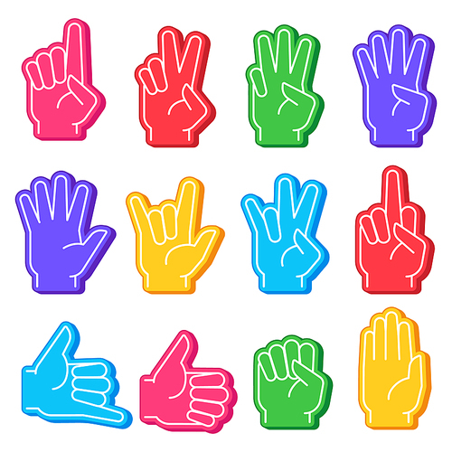 Foam fingers. Sports fan hand with different gesture. Numbers, ok sign and fist, open palm. Stadium team support victory souvenir vector set. Cheering favorite sport team, thumb up and rude sign