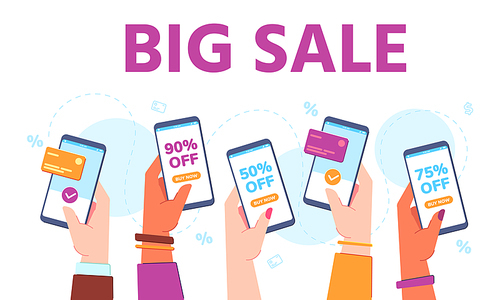 Hands hold phones with sales. Supermarket online discount shopping app. Hand buy in shop with mobile payment. Big sale banner vector concept. Financial transactions, contactless payment