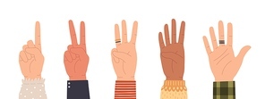 Raised fists. Successful team hands up to celebrate win. Diverse community fight and protest. Partnership, cooperation work vector concept. Illustration success team, fist hands up