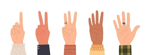 Hands counting. Count on fingers showing number one, two, three, four and five. Hand icons countdown gesture in trendy flat style vector set. Male and female palms with rings isolated